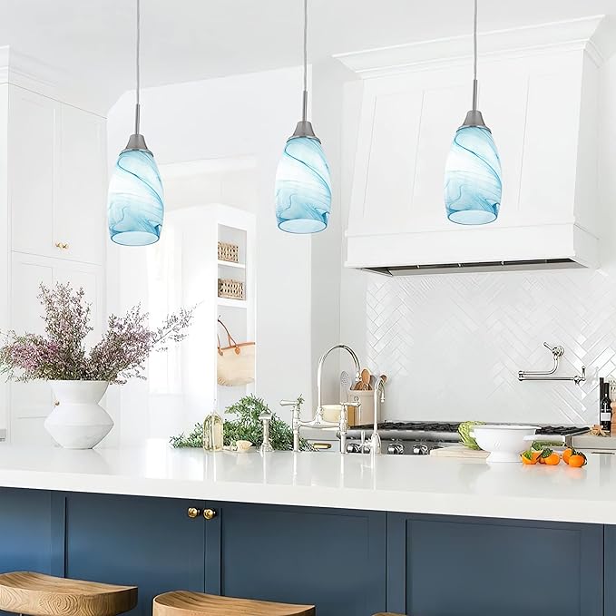 Viinew Mini Glass Pendant Light 1-Pack with Handblown Blue Marble Art Oval Glass Lamp Ceiling Hanging Light 4.72" Small Chandelier for Dining Room Kitchen Foyer Hallway