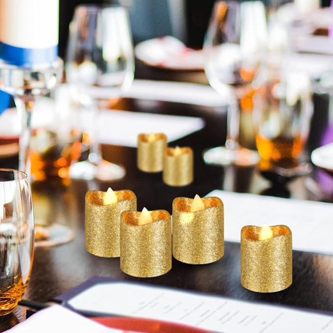 Honoson 24 Pack Gold Candles Party Decoration Flameless LED Tea Light Battery Operated Candle for Halloween Christmas Valentine Diwali Wedding Table Centerpiece