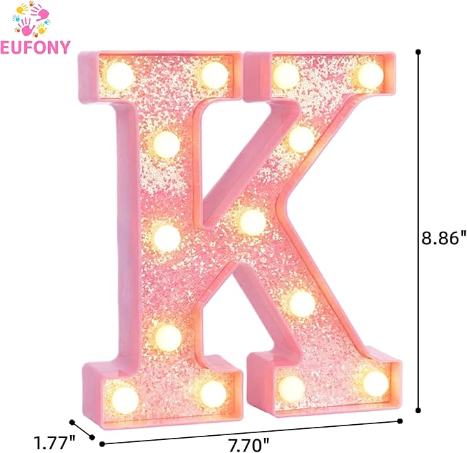 Pink Marquee Light Up Letters, Glitter Alphabet LED Letter Lights for Pink Birthday Party Decorations, Battery Operated Letter Sign for Girls Room Vanity Table Decor, Warm White Lights Letter K