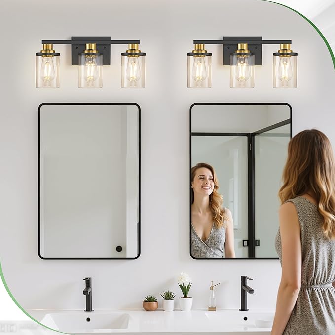 DORESshop 17 Inch Bathroom Light Fixtures, 3-Light Black and Gold Bathroom Lighting Fixtures Over Mirror with Glass Shade, Modern Vanity Lights for Hallway Bedroom, Includes Bulbs