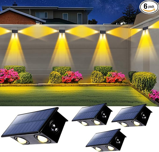 4Pack 3-Side Solar Fence Lights Outdoor Waterproof with Warm White LED Spot Lens, for Wall, Deck, Patio, Yard, Rail, Garage, Pool, Designed for Enhanced Security, Easy Install