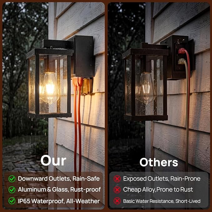Porch Lights with GFCI Outlets Dusk to Dawn Outdoor Wall Lights Waterproof Exterior Lighting Fixtures Modern Outside Lights Wall Mount for House Patio Garage,Black,11.8''H, 2 PC