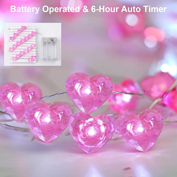BOHON Valentine Day Decorations, 13 ft 40 LEDs Pink Heart Lights String | Fairy String Lights Battery Operated, Valentine Decor for The Home Indoor Garland Party Galentines Day Decorations Pink