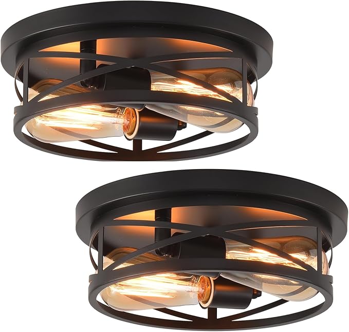 Black Flush Mount Ceiling Light,Hallway Light Ceiling Mount,Industrial Vintage Metal Cage Close to Ceiling Lights for Kitchen,Farmhouse,Bedroom