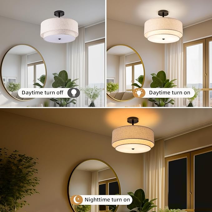 Drum Semi Flush Mount Ceiling Light, 16 inch 3 Lights Ceiling Light Fixture with 2-Layer Fabric Shade, Black Farmhouse Drum Ceiling Lighting for Bedroom Hallyway Dining Room Kitchen