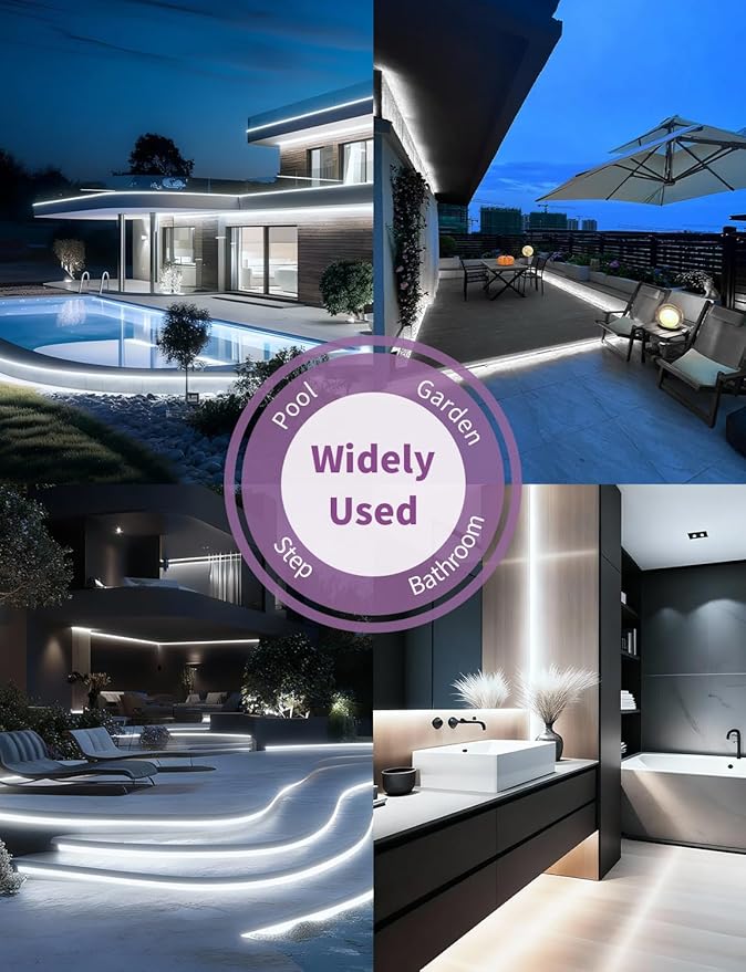 20FT COB LED Strip Lights, Waterproof Outdoor&Indoor Daylight White 6500K Flexible 24V Remote & App Control, Tap Lighting Boat Lights For Finshing Room, Garden, Patio, Kitchen,Bathroom, Swming Pool