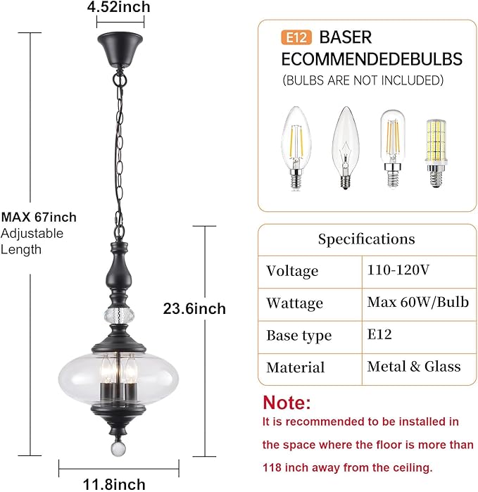 Black Pendant Light Farmhouse Pendant Lights Kitchen Island Glass Pendant Light Fixtures W 11.8 in. H 23.6 in.