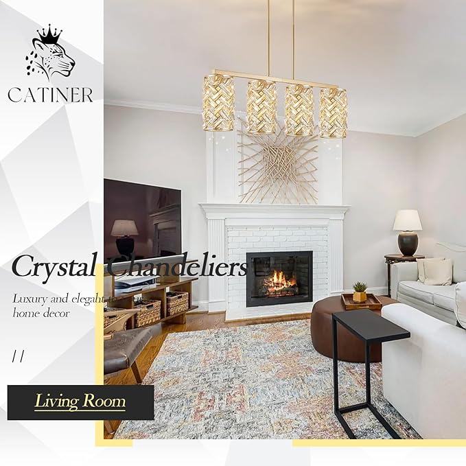 CATINER Gold Crystal Kitchen Island Lighting 40" Modern Linear Chandelier 4 Lights Ceiling Pendant Light Fixture Luxury for Kitchen Dining Room Living Room