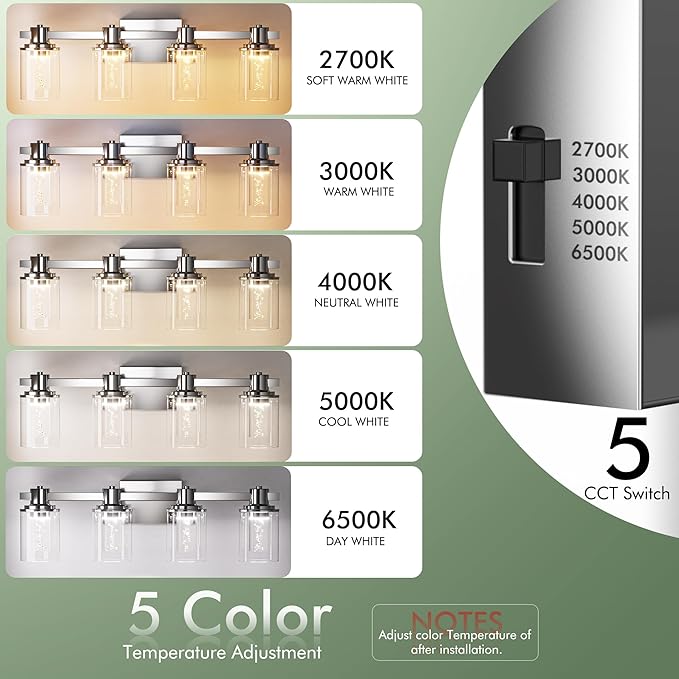 Quntis 4-Light Chrome Bathroom Vanity Light with 5 Color Modes, Dimmable Modern Bathroom Lighting Fixture Over Mirror, 28 Watts Eye Protection LED Wall Lamp 27 Inch (UL Certified, Bulbs Included)