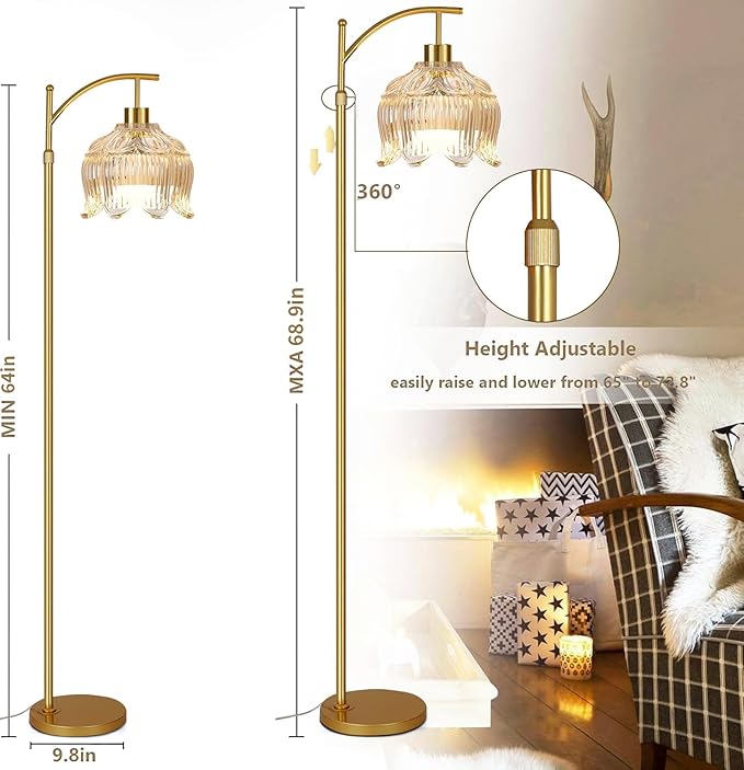 QIYIZM Floor Lamp for Living Room,Bedroom,Gold Dimmable Standing Lamp with Remote,Mid Century Modern Brass Tall Lamp Boho Floor Lamps Arc Stained Glass Tulip Flower Floor Light Lamp Girls Bohemian