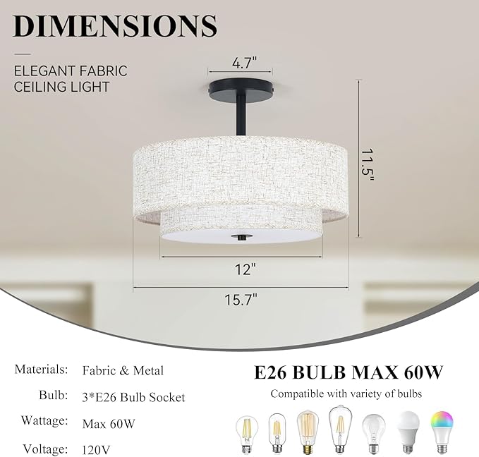 15.7 inch Modern Ceiling Light, Double Fabric Ceiling Lamp, 3 Light Black Semi-Flush Mount Ceiling Lights, Round Ceiling Light Fixture for Bedroom, Kitchen, Dining Room, Hallway，Living Room