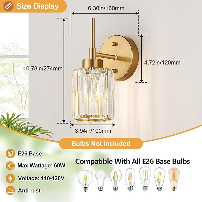 Modern Crystal Bathroom Vanity Light, 2-Pack Brushed Gold Vanity Light with Clear Crystal Shades, Bathroom Light Fixtures Over Mirror (Bulbs Not Included)