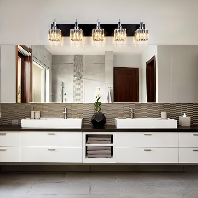 Black Chrome Bathroom Vanity Lights, 5 Lights Modern Crystal Bathroom Lighting Fixtures Over Mirror Crystal Wall Light with Square Shade