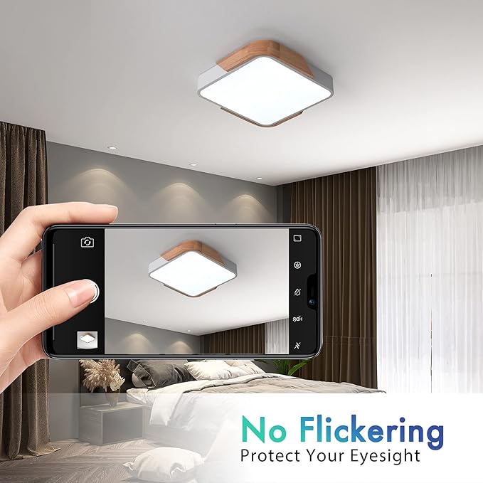 Ceiling Light Fixture, 24W LED Flush Mount, Wood Modern Luminaire Plafonnier for Bedroom Living Room, 12 Inch, Cool White 6500K