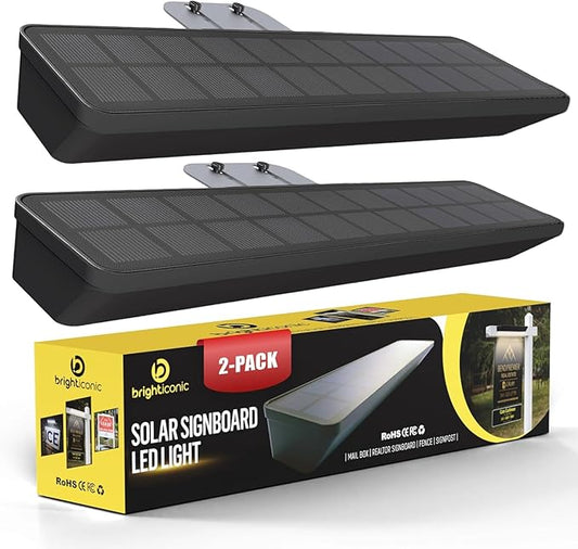 Brighticonics 2Pck Solar Address Sign Light – IP65 Waterproof Easy Install, Auto Dusk-to-Dawn On/Off – Outdoor Light for Business, Lease, Real Estate Sign Post – LED Signboard Gifts - Cold White 6000K