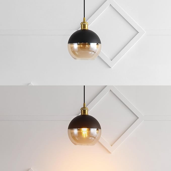 JONATHAN Y 7.5" Brass Gold/Black 1-Light Mid-Century Modern Globe Pendant Light, Adjustable LED Hanging Ceiling Fixture, Champagne Smoked Glass Shade for Kitchen Island (JYL3513A-SET2)