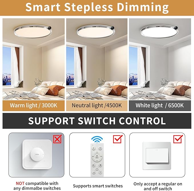 Chrome Round Flat Panel Light, Dimmable Modern Flush Mount Ceiling Light Fixture,24W 3000K/4000K/5000K,Fits for Hallway Kitchen Bedroom Living Room Closet Room
