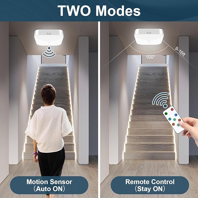 WhitePoplar Motion Sensor Rechargeable Ceiling Light Indoor with Remote, Wireless Battery Operated Rechargeable Sensor Light for Closet, Garage, Hallway, 3000K-6000K Battery Powered Shower Lights