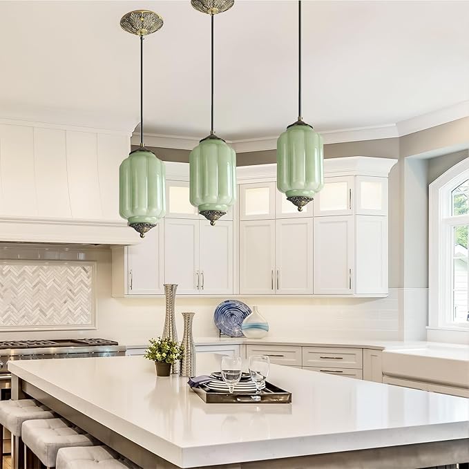 Vintage Milk Glass Pendant Lights Kitchen, Brass Color Glass Ceiling Light Fixture, Retro Industrial Pendant Lighting for Dining Room, Kitchen, Bedroom, Entryway, Hallway (Green, 5.5in)