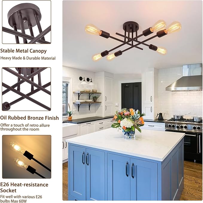 Industrial 6-Light Semi Flush Mount Ceiling Light Fixture, Oil Rubbed Bronze Modern Ceiling Lights, Rustic Sputnik Ceilings Lamp for Living Room Hallway Foyer Entryway