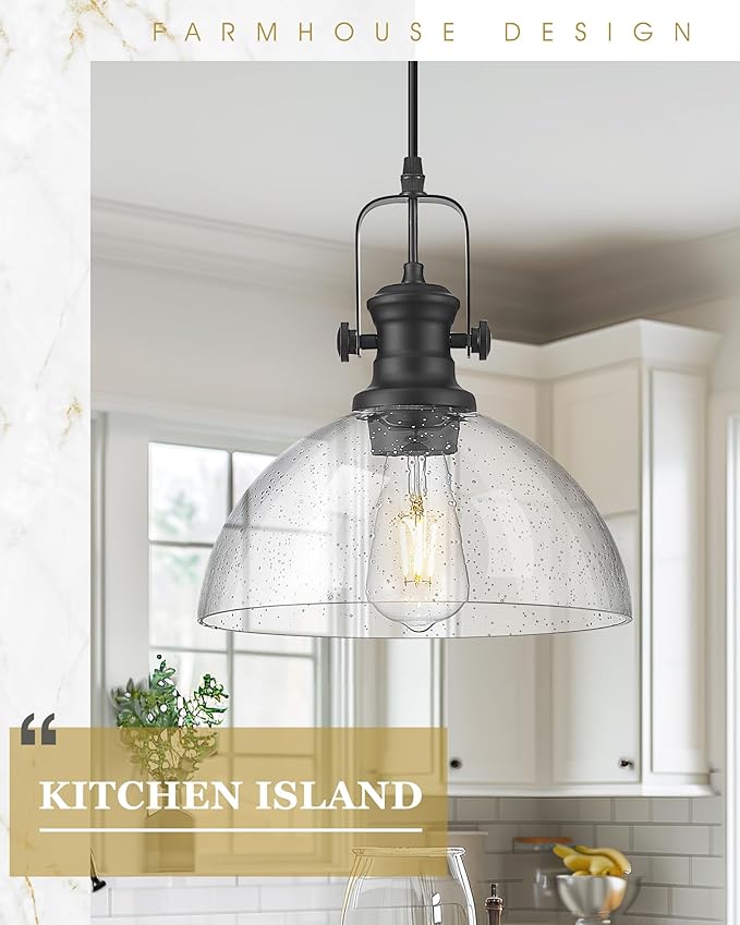 2-Pack Black Pendant Lights Kitchen Island, 10.5" Farmhouse Pendant Lighting with Clear Seeded Glass Shade, Vintage Hanging Light Fixtures for Dining Room, AD-22151-1P2L-BK