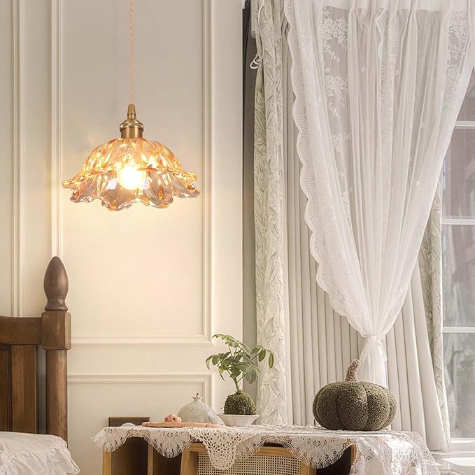 Glass Pendant Light Vintage Light Fixtures,Amber Pendant Lights Kitchen Island,10.6" Glass Pendant Lights Kitchen Island, Modern Pendant Lighting Fixtures for Bedroom Hotel Dining Room