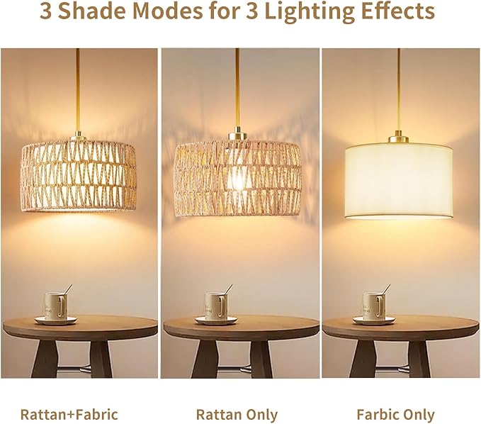 Plug in Pendant Light Rattan Hanging Lights with Plug in Cord, Woven & Fabric 2 in 1 LampShade, Hanging Lamp Plug in for Bedroom Living Room Kitchen Island (Bulb Included)