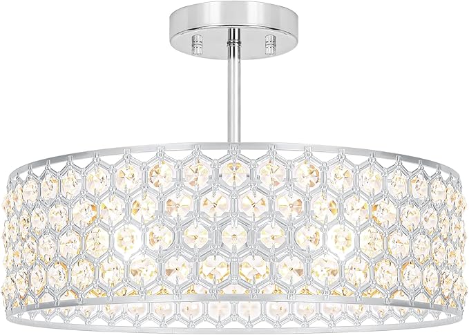 Chrome Crystal Ceiling Light Fixture - Modern Semi Flush Mount Ceiling Chandelier Lighting for Kitchen, Dazzling Prism Chandelier for Bedroom, Bathroom, Dining Room, 5 Light, 16 in