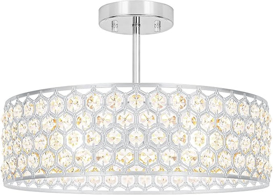 Chrome Crystal Ceiling Light Fixture - Modern Semi Flush Mount Ceiling Chandelier Lighting for Kitchen, Dazzling Prism Chandelier for Bedroom, Bathroom, Dining Room, 5 Light, 16 in
