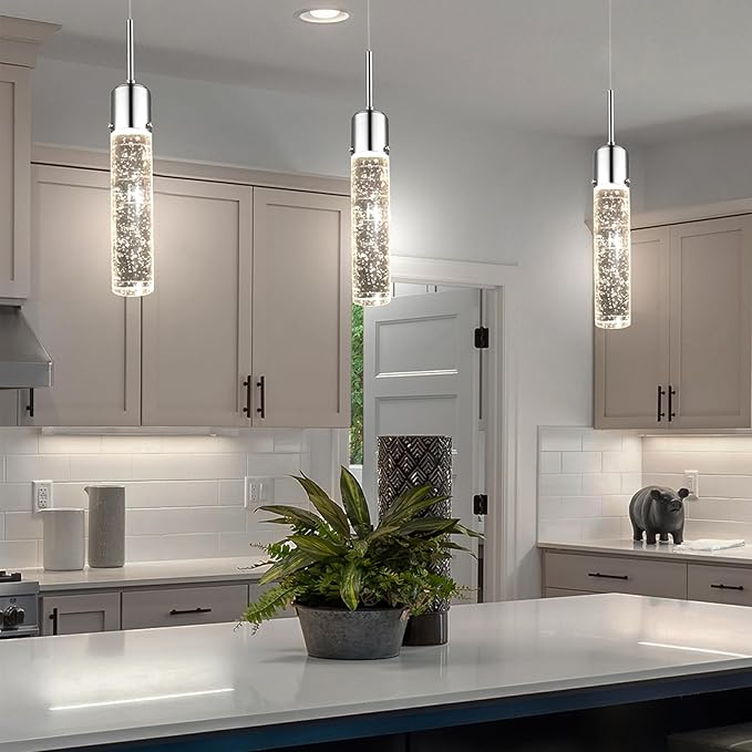 Vivio Lighting Modern Pendant Light Mini Pendant Lighting for Kitchen Island Crystal Bubble Glass LED Adjustable Hanging Lights for Dining Room Over Table Chrome 4000K