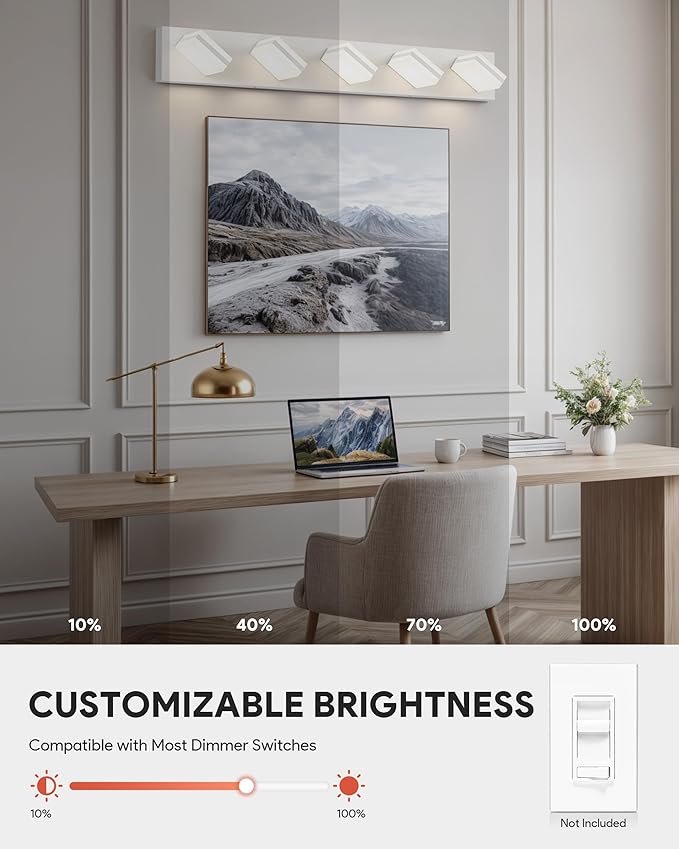 VONLUCE Bathroom Vanity Light Fixture, 5-Light Modern LED Vanity Light, 3CCT Adjustable Bathroom Lights with Memory Function Rotatable Shades, 34" Wall Lighting Fixture Over Mirror, Matte White