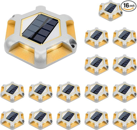 VOLISUN Solar Dock Lights - 16-Pack Waterproof Outdoor LED Aluminum Warning Step Lights for Driveway (Warm White & White, 2 Colors in 1), Auto On/Off