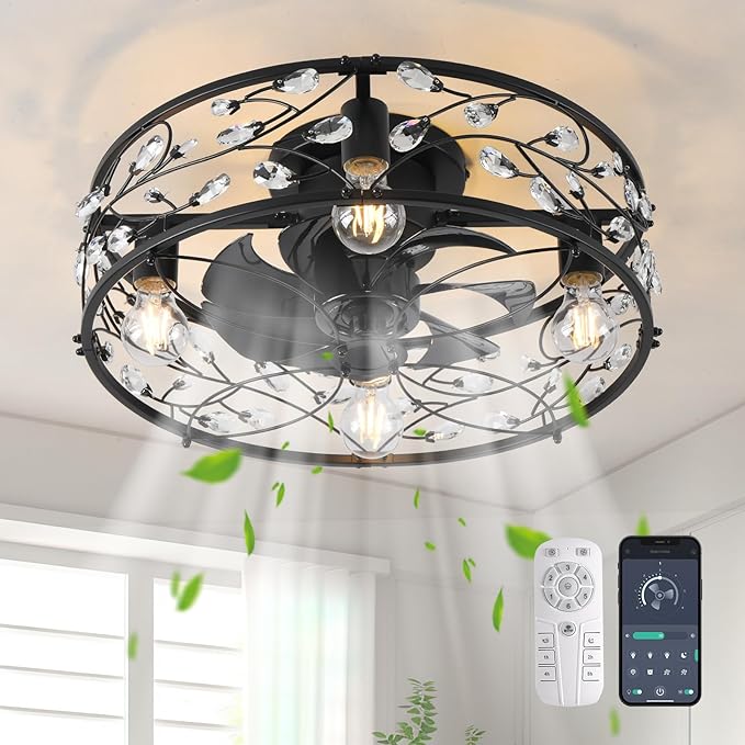 Garwarm 20in Caged Ceiling Fan with Light,Rustic Industrial Ceiling Fans with Lights and Remote,Bladeless Black Fandelier Ceiling Fan,Flush Mount Fan Lights for Kitchen,Bedroom（6 Speed,Timing）