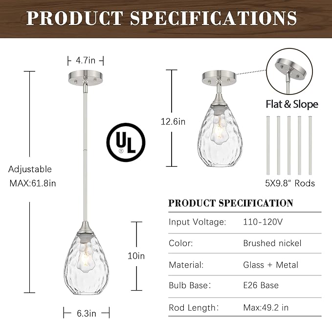 Glass Pendant Lights Kitchen Island, 1-Light Modern Brushed Nickel Pendant Light Fixtures with Hammered Glass and Rods, Small Hanging Light for Kitchen Sink Dining Room Bathroom