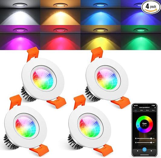 2 Inch Smart Recessed Lighting, 5W WiFi Recessed LED Lights, Dimmable RGB Color Changing & CCT 2700K–6500K, Compatible with Alexa & Google Home, 120V Recessed Ceiling Light with Driver (4 Pack)
