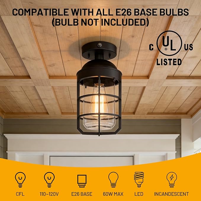 Outdoor Ceiling Lights for Porch with Dusk to Dawn Sensor, Black Outdoor Semi Flush Mount Ceiling Light Fixture with Clear Glass for Front Porch Entryway Patio, Set of 2