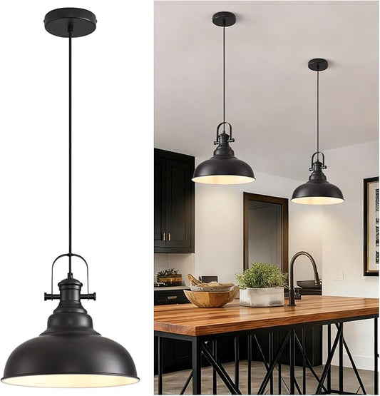 Matte Black Pendant Light, 11.0 Inch Pendant Light Fixture with Adjustable Cord, Industrial Hanging Lamp for Bedroom, Kitchen Island, Living Room, Dining Room, Hallway(1 Pack)