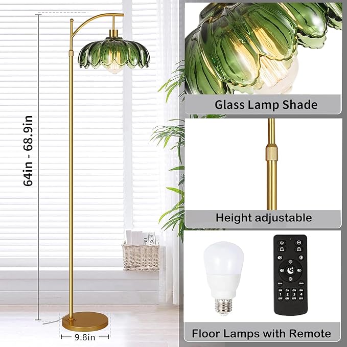 QIYIZM Gold Floor Lamp for Living Room,Bedroom,Mid Century Modern Standing Lamp with Remote,Dimmable Brass Tall Lamp Green Glass Lamp Vintage Retro Arc Floor Lamps Flower Floor Light Boho Bohemian