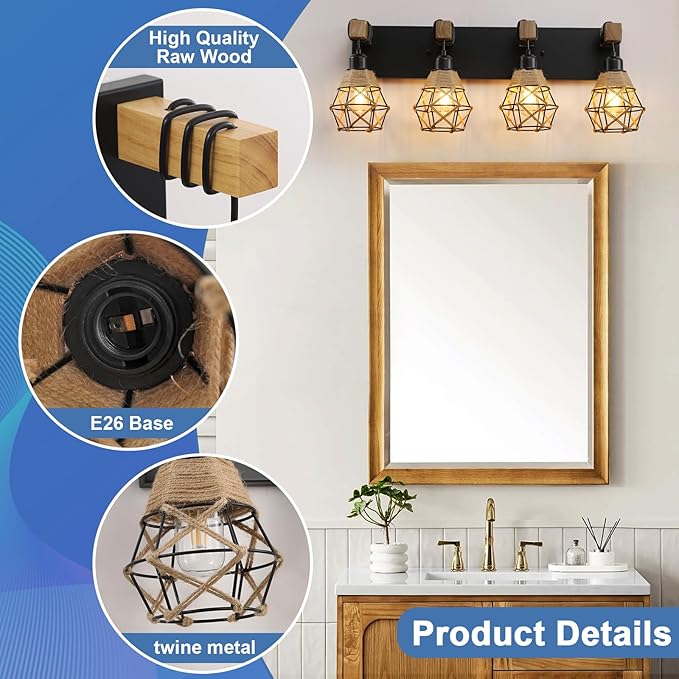 LmnLvn Farmhouse Bathroom Light Fixture, 4-Light Black Rattan Vanity Light, Boho Bathroom Light Fixture Over Mirror Rustic Vanity Lighting with Handwoven Shades, Suit for Restroom, Bedroom, Hallway