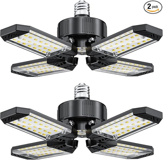 Garage Light, 2 Pack 120W 12000LM LED Garage Ceiling Lights 6500K, 4 Panels Deformable Shop Lighting Screw into E26 E27 Bulb Socket, LED Light for Shop, Workshop, Basement, Attic, Bay