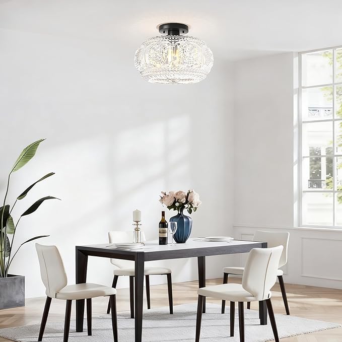 Semi Flush Mount Ceiling Light, Upgraded 12 inch Larger Black Glass Ceiling Light Fixture, Vintage Lighting for Hallway Kitchen Bedroom Dining Room, Bulb Not Included