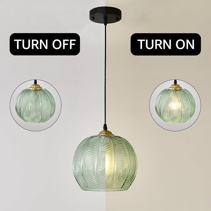 9.8'' Green Glass Pendant Lighting, Single Large Globe Chandelier with Ribbed Glass Lampshade, Nordic Ceiling Hanging Ball Light Fixture for Kitchen Island, Dining Living Room, Bedroom