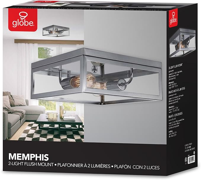 Globe Electric 65747 Memphis Light Flush Mount, Chrome with Clead Glass Panes, 5.12", Bulb Not Included