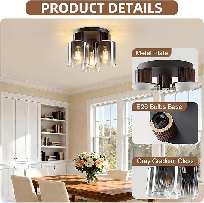 3-Lights Semi Flush Mount Ceiling Light Fixture, Matte Black Modern Close to Ceiling Light for Kitchen, Foyer, Entryway, Hallway, Dining Room, Gray Gradient Glass Shade with Walnut Wood