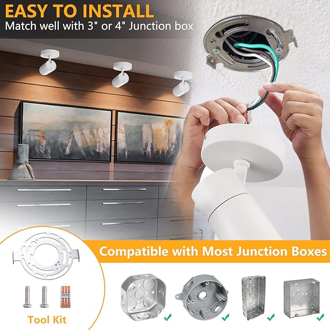 VANoopee 3-Color Dimmable Ceiling Spotlight Flush Mount Adjustable Spotlight Directional LED Spot Lights Indoor Bright Accent Fixture for Living Room Bedroom - CRI90 Flicker Free 20W 2000lm White