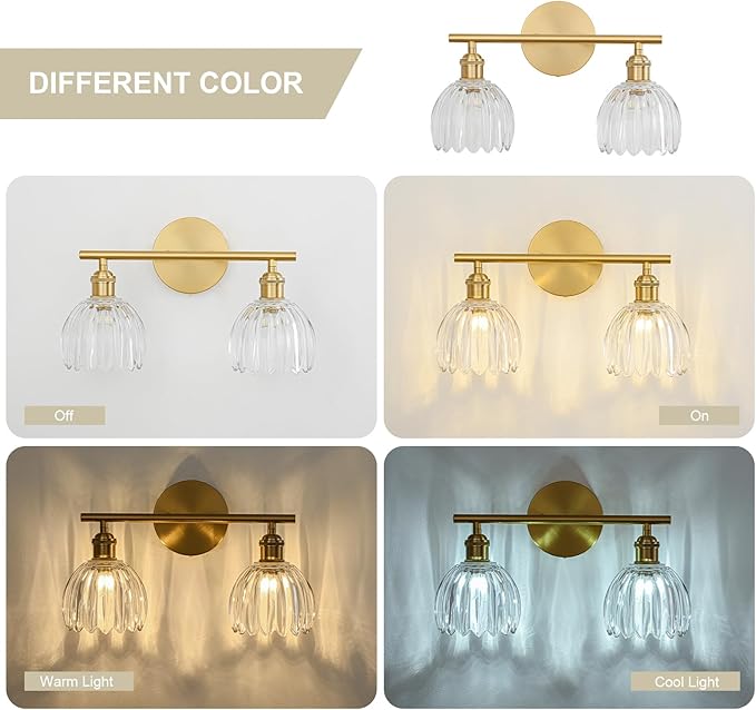 Gold Bathroom Light Fixtures Over Mirror, 2 Light Bathroom Vanity Light Fixture with Tulip Transparent Glass Lampshade, Vintage Vanity Lights for Bathroom, Bathroom Vanity Lights Over Mirror