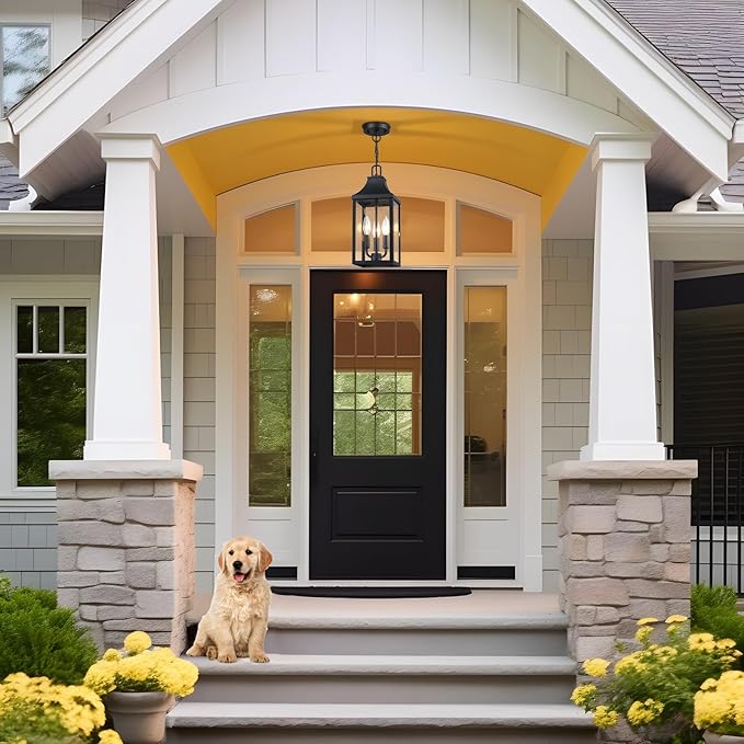 15'' Large Outdoor Pendant Light Fixtures 3-Light, Exterior Hanging Lantern Porch Light Adjustable, Black Hanging Lamp Farmhouse Exterior Chandelier Ceiling Mount for Entrance Patio