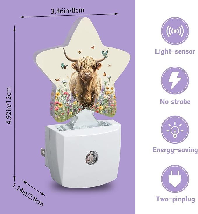 Highland Cow Nightlights Plug in Wall,Flower Butterfly Decorative Star Lamp with Automatic Lighting for Living Space,Gentle Glow for Kids Room,Hallway,Bathroom