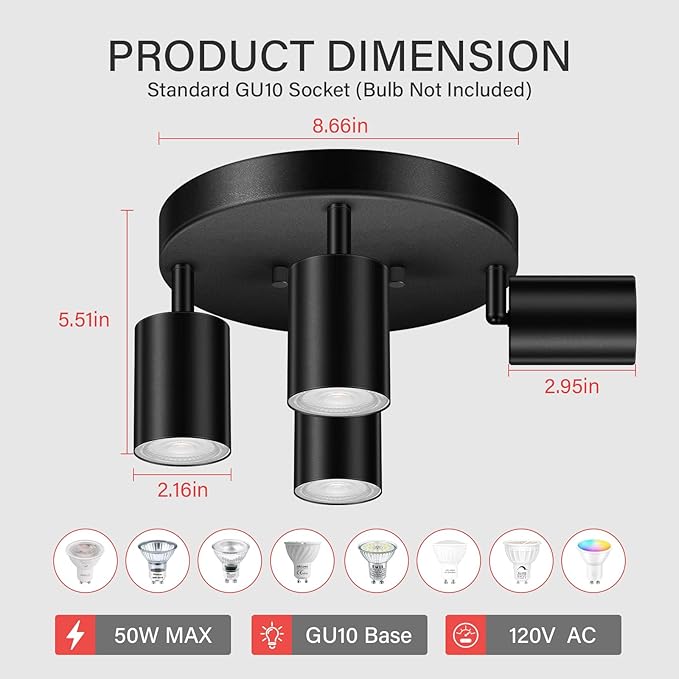 LED 4 Light Track Lighting Kit, LED Track Lighting Fixtures, Black Round Ceiling Spot Lighting, Flexibly Rotatable Light Head for Kitchen, Living Room, Bedroom, GU10 Bulb Not Included