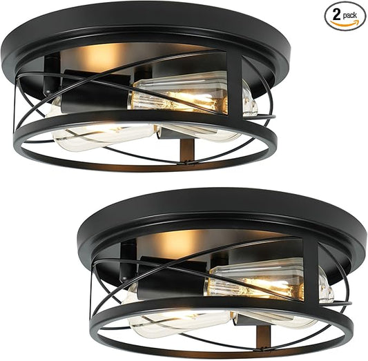 2 Pack Farmhouse Ceiling Light - Dimmable Rustic Black Flush Mount E26(not incude Bulb) Industrial Ceiling Modern Led Light for Hallway Bathroom Kitchen Bedroom (Black, 10 Inch)